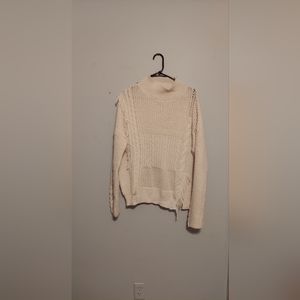 Boho Cable Knit Sweater L Preppy Old Money Fringe Mock Neck Western Beachy Ivory